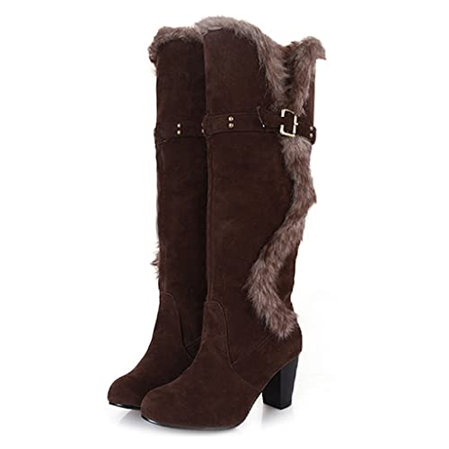 Women's Winter Warm Furry Knee High Snow Boots Tall Pull On High Heel Fur Lined Wide Calf Snow Boot