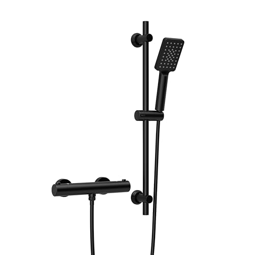 Görbach Duschsystem mit Thermostat – Edelstahl Duschset mit Duschatange 70 cm, Brausestange Set mit Thermostatarmatur, Handbrause, Schlauch, Rechteckig, Schwarz