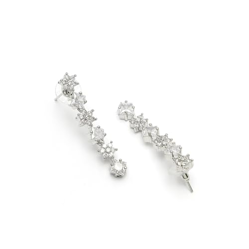 Image of ZENEME Rhodium-Plated American Diamond Studded Star Shaped Layered Necklace With Earrings Jewellery Set For Girls and Women