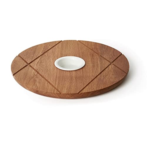 Runde Servierplatte aus hochwertigem Holz, entworfen in Finnland. Enthält eine Keramikschale für Butter, Öl, Oliven oder Snacks. Einzigartiges und zeitloses Design Cover