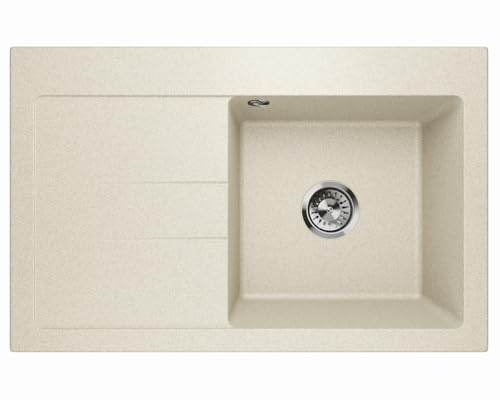 Lavello in granito color sabbia - Lavello da incasso profondo 77,5 x 49,5 cm - 1 vasca con scolapiatti, facile da pulire, resistente ai graffi, reversibile, con set di scarico e scarico di alta