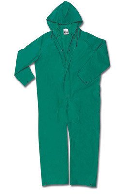 River City Garments X-Large Green Dominator .4200 mm PVC And Polyester Flame Resistant Rain Coveralls With Double Storm Flap Over Front Zipper Closure And Attached Drawstring Hood