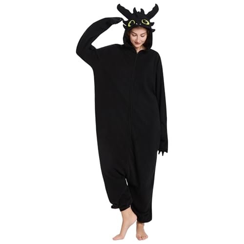 Zhiwei Pyjama Animal pour Adultes en Forme de Dragon, Déguisement Unisexe de Halloween pour Cosplay en Flanelle Adapté aux Adultes et aux Adolescents. (Noir, Medium)