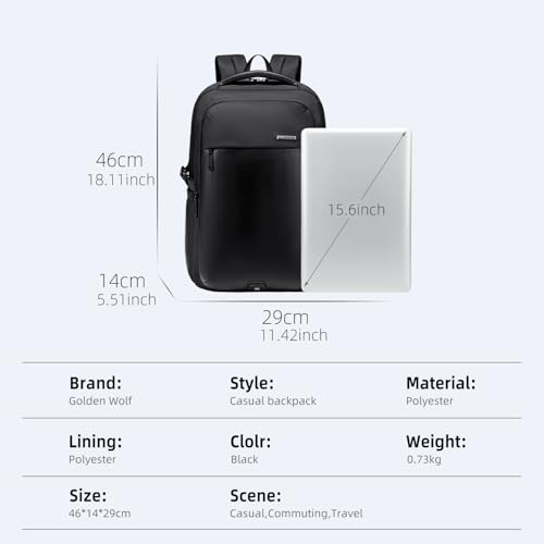 Image of GOLDEN WOLF Laptop Backpack for Men 18L Sleek 15.6-inch Office Laptop Bag Water-resistant Padded Backpack with Hidden Back Pocket, Casual Daypack for Travel Business Daily Use,Black