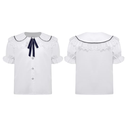 JEATHA Girl's School Uniform Button Down Shirts Princess Lace Collar Puff Sleeve Bowknot Blouse for Kids