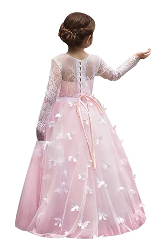 Long Sleeve Flower Girl Dress 3D Butterflies First Communion Dresses Lace Applique Ball Gown Pageant Dress