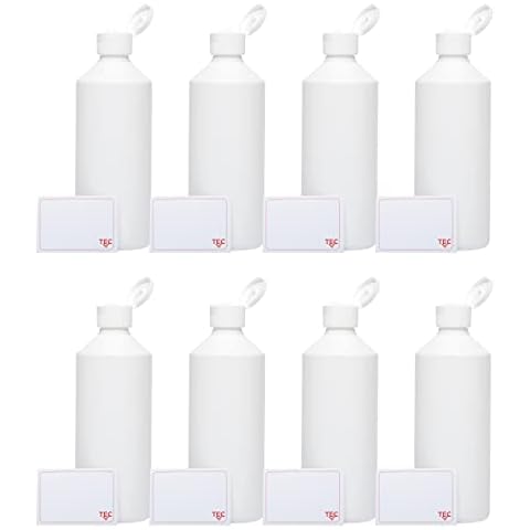 TEC Plastic Bottles Empty Containers 500ml 8 Pack HDPE 28mm Neck With Non Leak Flip Cap Lids and Labels for Water Chemicals Liquid Refillable Reusable Carrier Cover