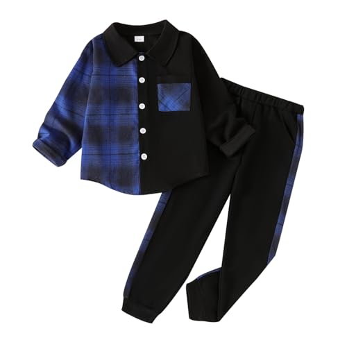 Image of Boy Clothes Fall Winter Outfits Long Sleeve Plaid Patchwork Button Down Shirt + Casual Pocket Sweatpants 5-14 Years