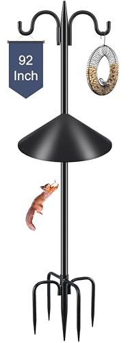 Gtongoko Bird Feeder Pole Squirrel Proof, 92 Inch Double Shepherds Hook for Outdoor with Squirrel Baffles Adjustable Heavy Duty with 5 Prongs Base for Hanging Plants, Bird Feeders, Black