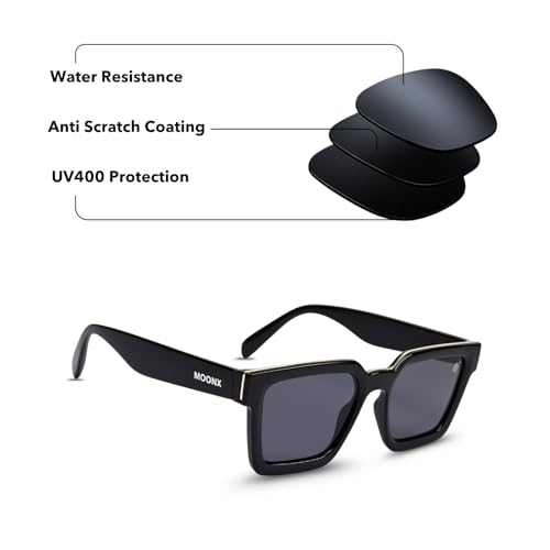 Image of MOONX Classic black UV Protected Wayfarer Sunglasses for Men & Women | Black Frame & Lens | Stylish Unisex Eyewear for Driving, Travel & Casual outings