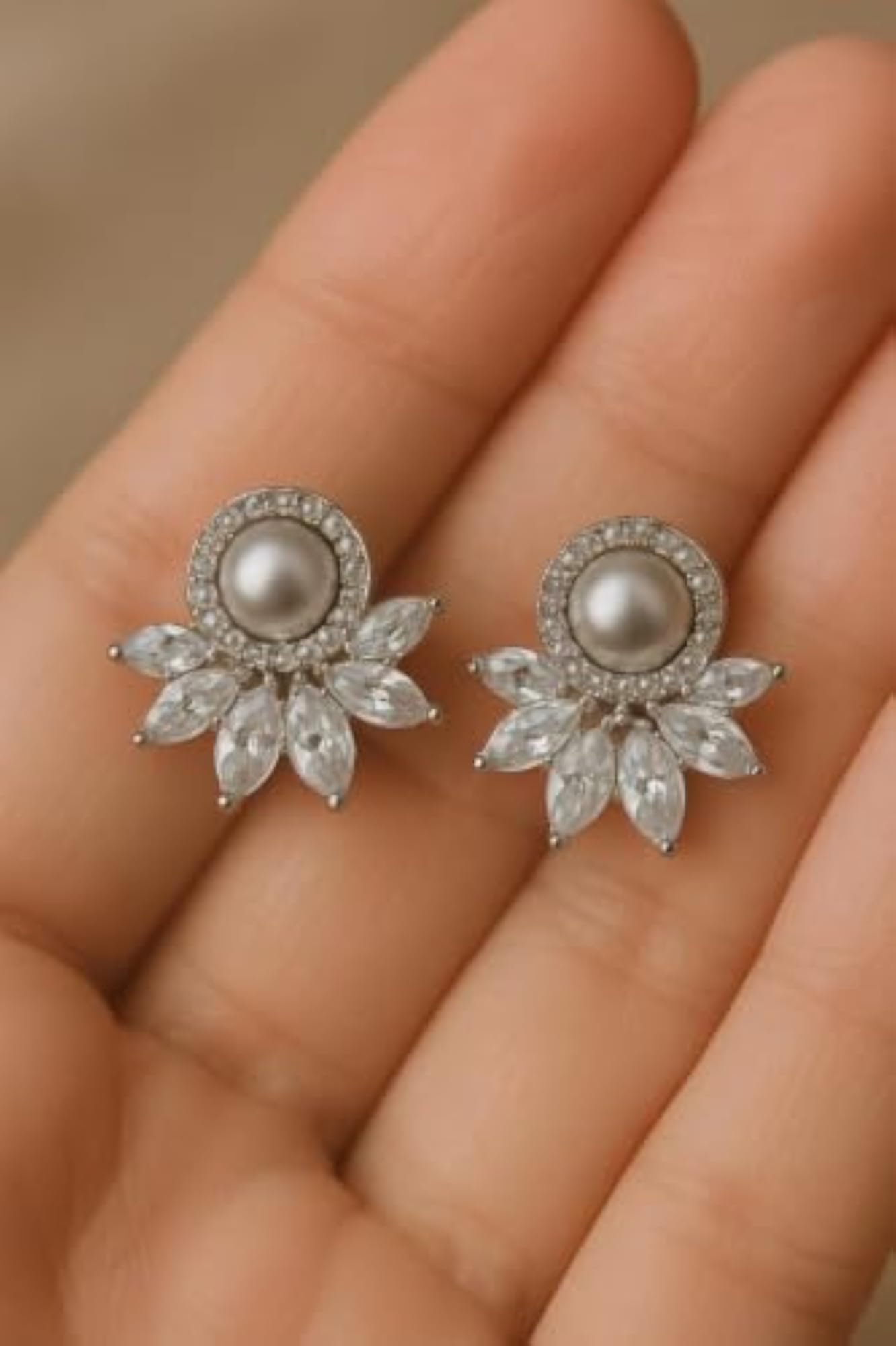 Women's Pearl Silver Floral CZ Stud Earrings, Elegant Gift