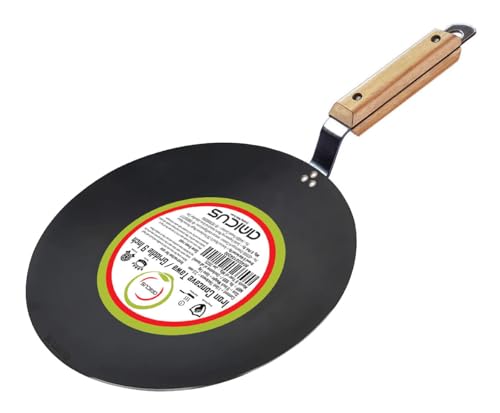 Image of amicus Pure Iron Tawa for Roti Chapati Omelette Concave Iron Tava with Wooden Handle 9 Inch 1 Kg Black Food Grade Smooth 100% Multipurpose Tawa