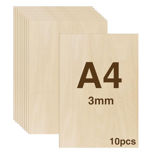 WISYOK 10pcs Sperrholz 3mm, Sperrholaplatte A4, Holz Platten, Holzplatten zum Basteln, Holzplatt für DIY Holzarbeiten, Laserbearbeitung, Brandmalerei, Modellbau, Geschenke, Deko, Gemälde -300x210*3mm