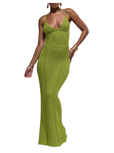 GORGLITTER Women's Crochet Knit Maxi Dress Lace Up Bodycon Beach ...