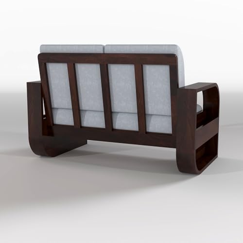 Image of Solid Sheesham Wooden 2 Seater Sofa Set with Grey Cushion for Living Room Furniture - Walnut Finish