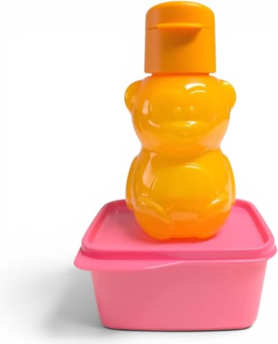 Tupperware EcoEasy butelka do picia dla dzieci, 350 ml, niedźwiedź pomarańczowy, z klapką i napisem "Signoraware", 500 ml, różowa, szczelna, zestaw 2 sztuk, nie zawiera BPA, do przedszkola, szkoły i