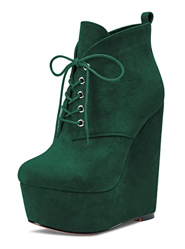 NobleOnly Women High Heel Wedge Platform Round Toe Ankle Boots Short Bootie Lace-up Zipper Dress Classic 6.3 Inches Heels2