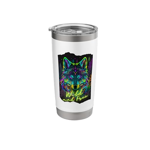 Retro 80s Vaporwave Synthwave Wolf Colorful Black Light Cool Stainless Steel Insulated Tumbler