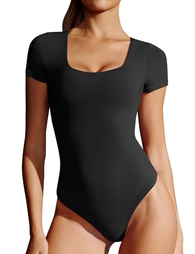 Ewedoos Bodysuits for Women Tummy Control Double Lined Short Sleeve Bodysuit Scoop Neck Body Suits Tops
