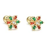 Snowflake Cartilage Stud Earring Cubic Zirconia Red Green Crystal Tiny Screw Back Earrings Fashion Helix Tragus 18G Barbell Body Piercing Delicate Jewelry for Women Holiday (Gold-Tone)