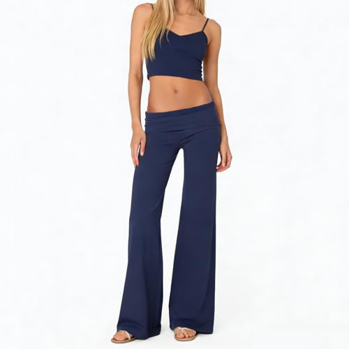 Image of Lounge Yoga Pants for Women Fold Over Low Waist Wide Leg Bell Bottoms | Y2K Foldover Pants, Flare Leggings, Low Rise Yoga Sweatpants