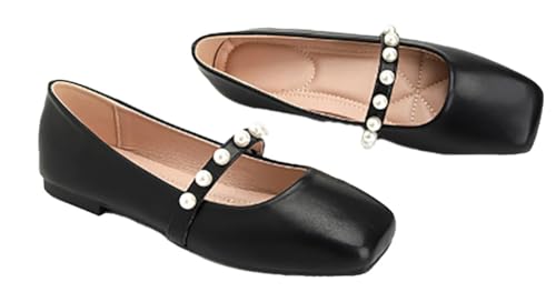 Flats for Women Round Toe Pearl Strap Dressy Mary Jane Shoes Ladies Flats PU Leather Office Travel Shoes