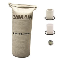 DeVilbiss 130534 Ct 30 Plus Tune-up Kit components: a large desiccant bag labeled 'CAM-AIR PART NO. 130504' and three smaller components including two filter elements and a humidity indicator.