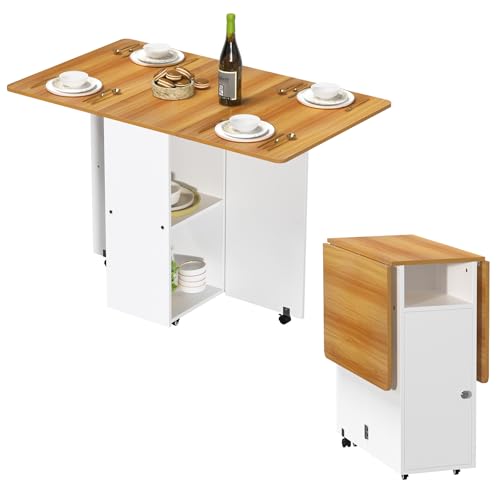 Chleby Mobiler Klapptisch Klappbarer Esstisch mit Rollen Esstisch mit Ablagefach Küchenhelfertisch Esszimmertisch geeignet für Küche, Wohnzimmer, Terrasse 110x70x78 cm Weiß-orange