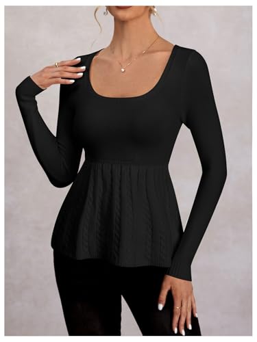 Women's Scoop Neck Peplum Sweater Long Sleeve Cable Knit Dressy Casual Pullover Tops4