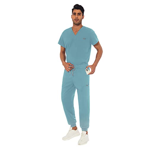 VIAOLI Athletic Scrub Set for Men V-Neck Scrub Top & Yoga Jogger Scrub Pants with 8 Pockets Medical Nursing Working Uniform (Light Blue, XXL)