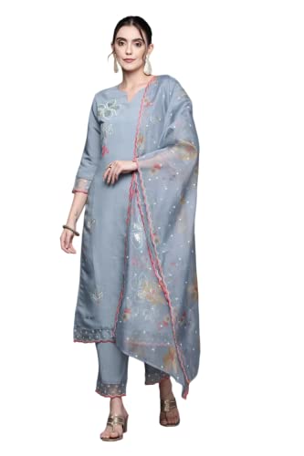 Image of INDO ERA Women Viscose Brown Embroidered Straight Kurta Trouser With Dupatta Set (Kh9Br7027)