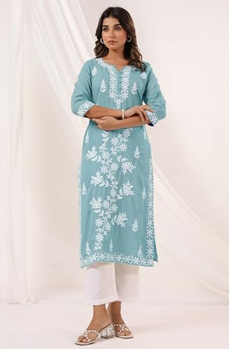 Image of Janasya Women's Pure Cotton Embroidered Straight Kurta