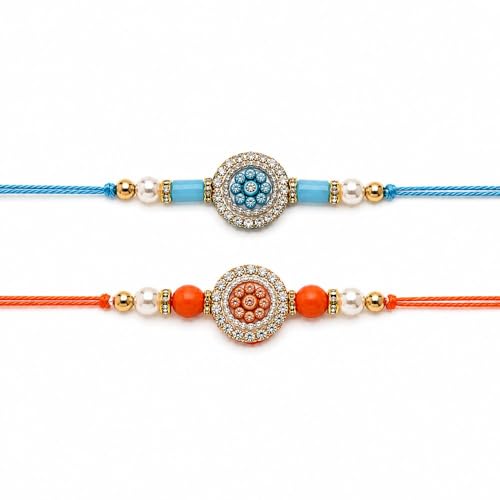 Image of I Jewels Traditional Designer Pack of 2 Rakhis with Decorative Crystal Work, Beads and Pearl Style Accents for Men Boys Brother Roli Chawal & Raksha Bandhan Card