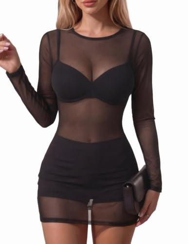 Avidlove Women's Sheer Mesh Bodycon Mini Dress Long Sleeve Black XS - image 1