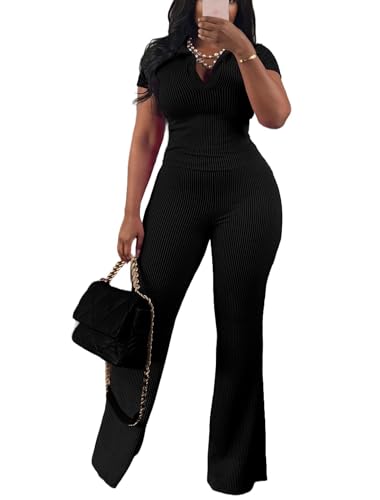 HBQ Women Two Piece Outfit Ribbed Short Sleeve V Neck Polo Top and Flare Pants Casual Lounge Sets Tracksuit