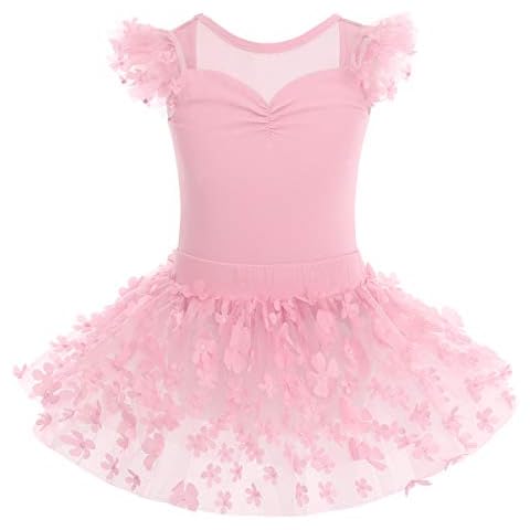 Kinder Mädchen Ballettkleidung Blume Rüschen Ärmel Body Tanzbody Gymnastikanzug Turnanzug Ballettanzug Tüll Tütü Rock Outfit Balletttrikot Balettkleider Tanzkleid Ballerina Kleider Rosa 7-8 Jahre Cover