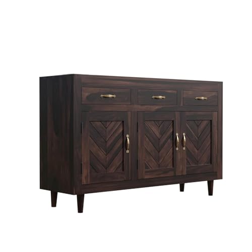 Image of Solid Sheesham Wood Sideboard Cabinet Storage with 3 Door & 3 Drawer Wooden Storage Organizer Cabinet for Home Kitchen Living Room Bedroom Hallway Dinning | Walnut Finish | Pre-Assembled