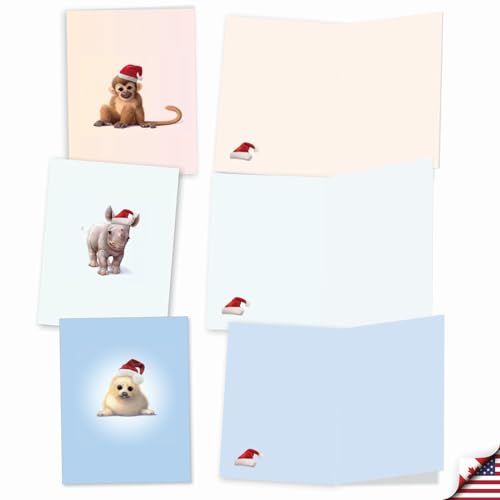 Image of The Best Card Company - 10 Blank Animal Christmas Note Cards - Assorted Bulk Holiday Cards for Men and Women, Fun Wildlife (4 x 5.12 Inch) - Christmas Zoo Babies M6726XSB