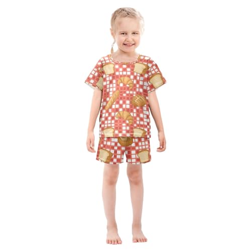 Pajama Short Sets Bread Pattern on Checkered Soft Cotton Summer Sleepwear 2 Piece PJS Size 5-14T4
