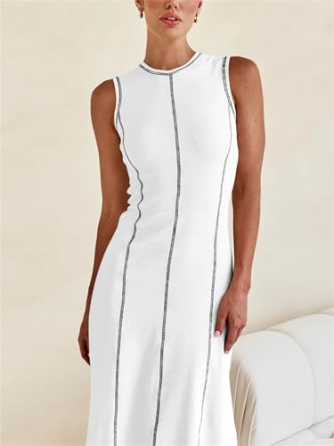 Image of Women's 2025 Summer Sundress Elegant Casual Crew Neck Sleeveless Knit Striped Bodycon Maxi Dress