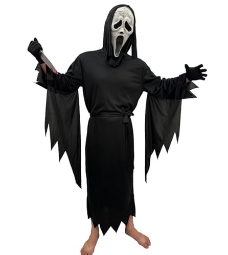 ELINA Spaventoso Volto Fantasma Cosplay Costume Halloween Carnival Scream Costume Cosplay con Plastica Sanguinante Coltello Giocattolo e Lattice Maschera