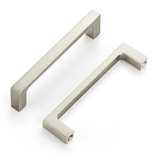 Image of Ravinte Brushed Nickel Kitchen Cabinet Solid Handles,4 Inch,5 Pack | Solid Zinc Alloy, Modern Slim Style, Square Design, Deep-Thread Firm Base, Screws Included, for Kitchen Drawers & Cupboards