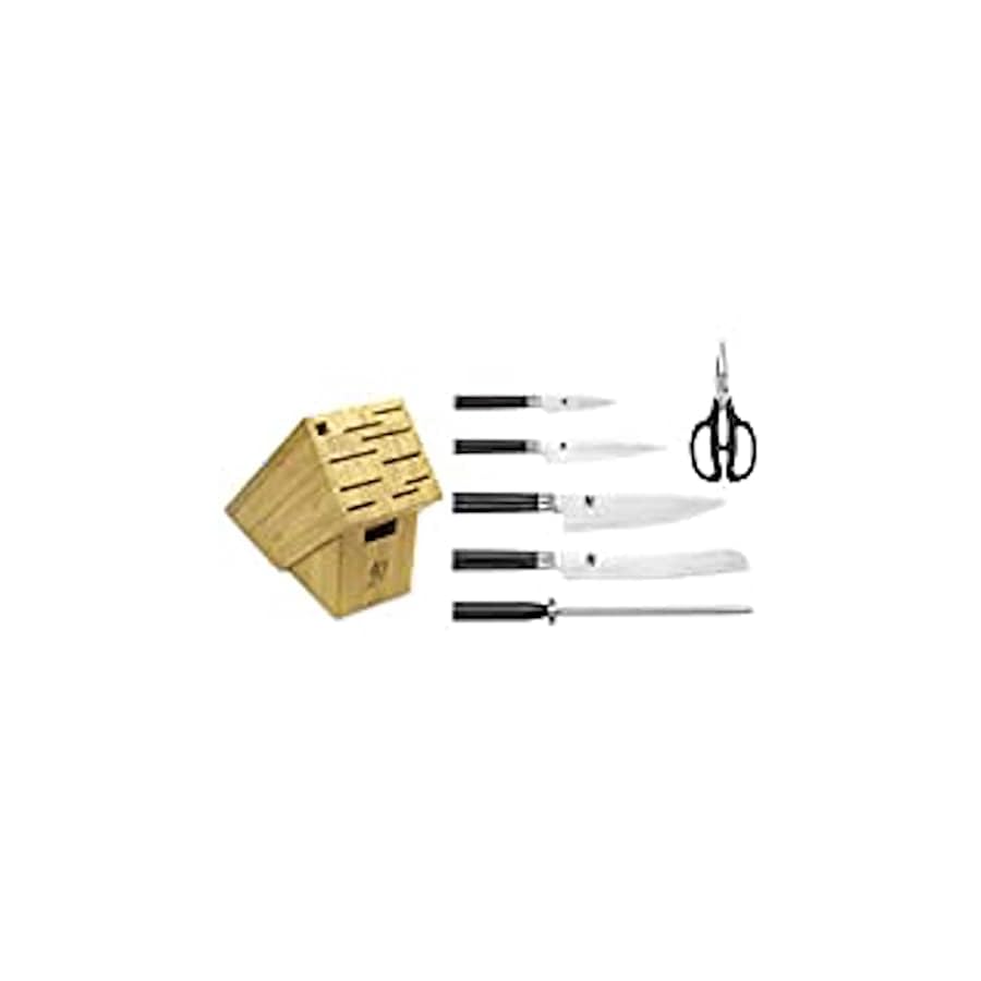 Shun Classic 7 Piece Essential Block Set, Includes 8" Chef's Knife, 3.5" Paring Knife, 6" Utility Knife, 9" Bread Knife & Herb Shears, Handcrafted Japanese Knife Block Set, Pakkawood Handles