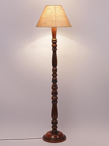Image of Beige Jute Shade Wooden Floor Lamp with Wooden Base, Height - 53 Inches | Contemporary Standing Lamp for Living Room, Bedroom & Office | Elegant Lighting for Stylish Home Interiors