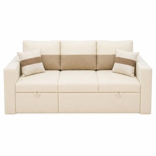 Image of FURNY Soria 4 Seater LHS Lounger Sofa Cum Bed (Cream-Beige) with Pull-Out Function | Luxury Velvet Suede Finish | Durable Comfort | Ideal for Living Room