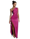 Zeflows Womens One Shoulder Ruched Side Satin Wedding Guest Dresses Adjustable Straps High Slit Backless Cocktail Maxi Dress, Hot Pink-S