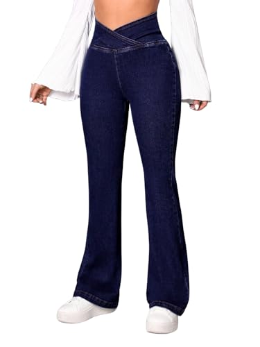LifeShe Women's Crossover Flare Jeans Casual Bell Bottom High Waist Bootcut Denim Pants3