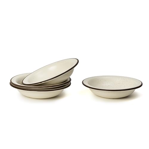 Image of Beyond Homes Ceramic Pasta Plates Shallow, 18cm, Set of 4, White Brown | Matte Finish Ceramic Pasta Bowl | Flat Stoneware Pasta and Maggie Bowl | Chip-Resistant | Microwave Safe; (4, White Brown Rim)