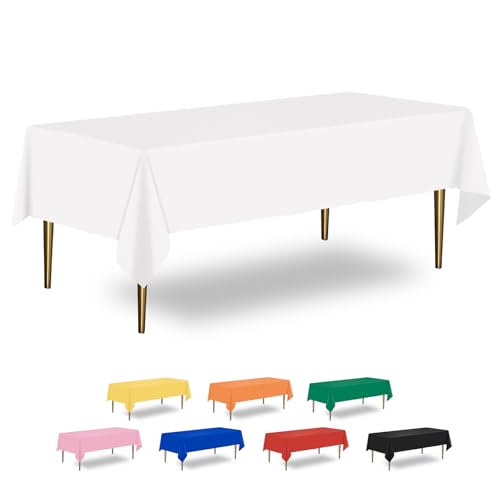 XHDA 6 Pack White Rectangular Table Cloth 54 x 108 Plastic Wipeable Waterproof for Kids Party Birthday Festive Events