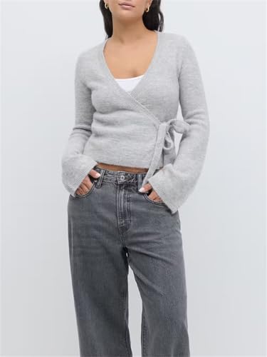 Women Y2k Wrap Tie Front Cropped Sweater Casual V Neck Long Sleeve Slim Fit Knit Top Lightweight Fall Outfits3